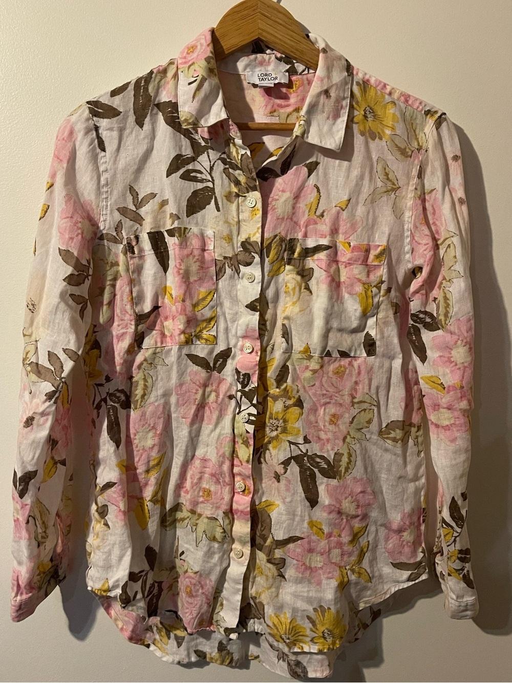 Lord & Taylor 100% Linen Floral Button Down Shirt Pink Yellow White M